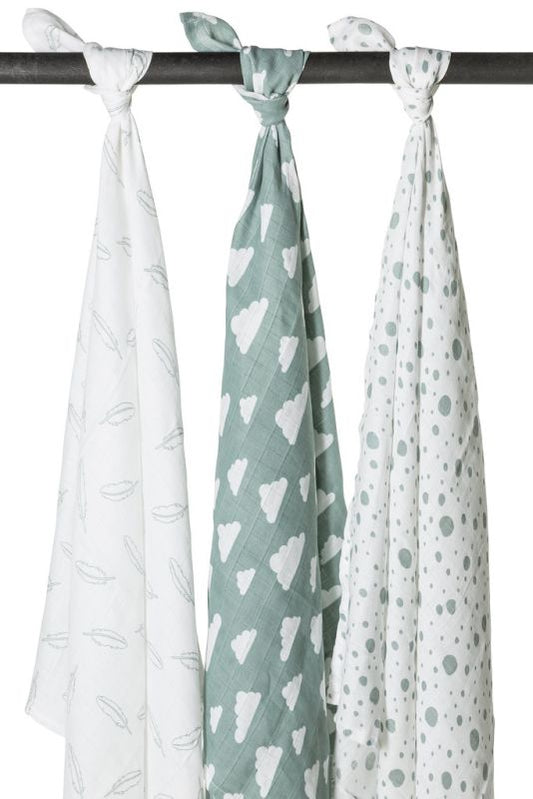 MEYCO - SWADDLE 3-PACK HYDROFIEL CLOUDS/DOTS/FEATHERS - STONE GREEN - 120X120CM